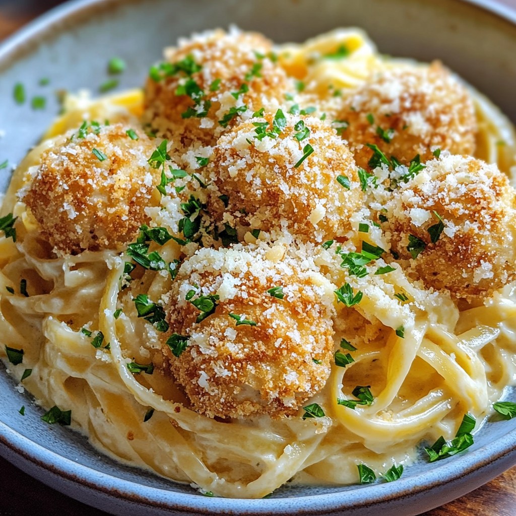 Bolitas de Pollo al Ajo con Pasta Cremosa de Parmesano: El Placer en Cada Bocado