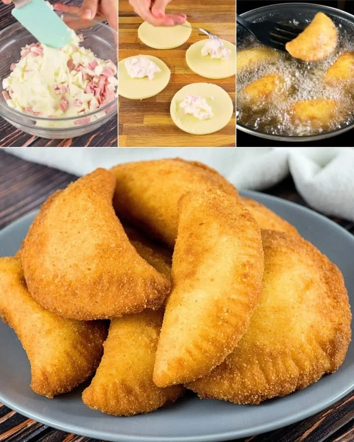 Empanadas rellenas de jamón y queso recién horneadas, crujientes y doradas.